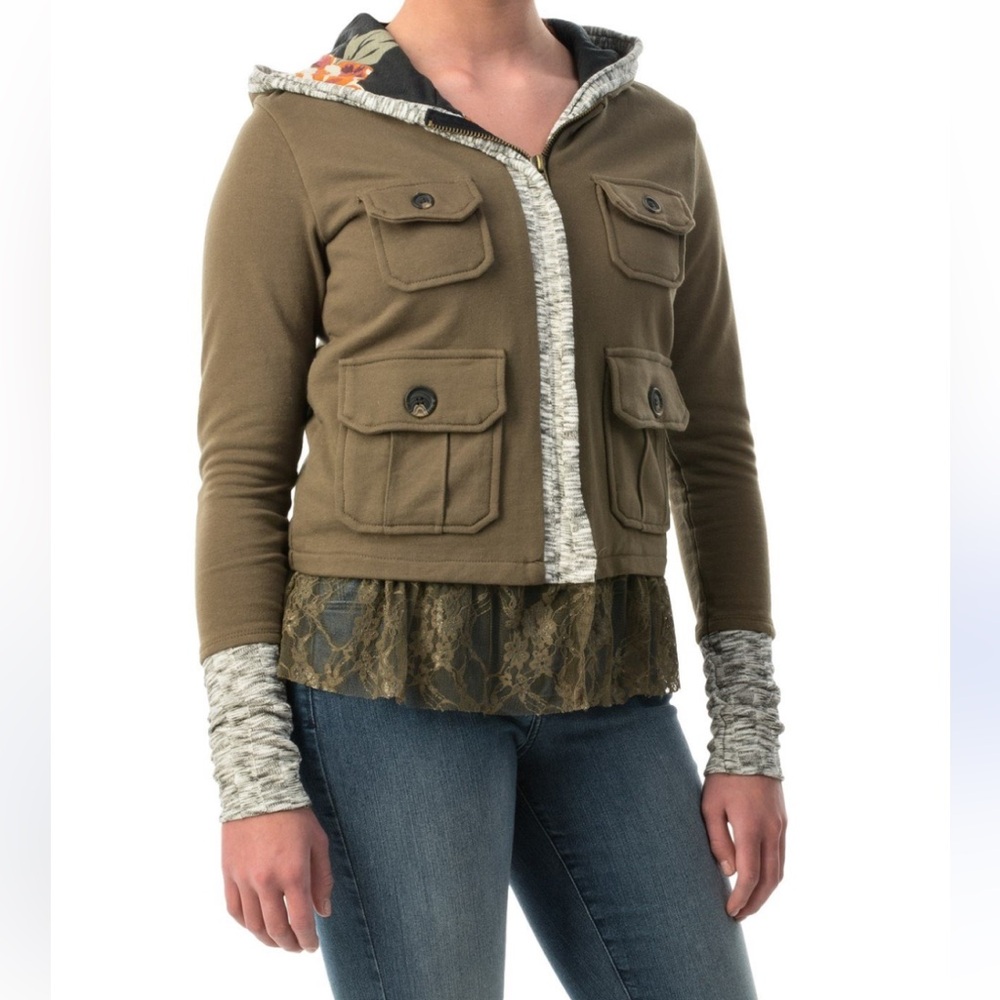 Anthropology, scrapbook Women's Layered Olive Green Hooded Zip Up Field Jacket